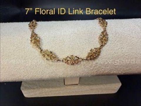 Stunning, 7 Inch, Ladies Floral Link ID Bracelet W/Safety, Real 24k Gold Plated