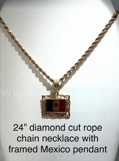 4MM, 24" Diamond Cut Rope Chain Necklace, w/Framed Mexico Flag Pendant, 24k Real Gold Filled