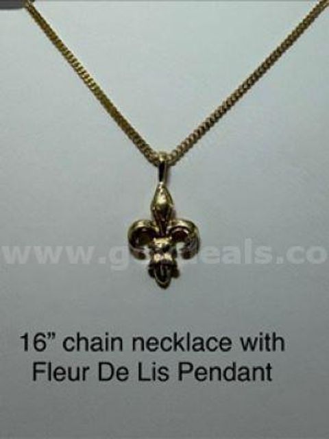 16”, Cuban Link, Real 24k Gold Filled, Necklace, W/Fleur De Lis Pendant