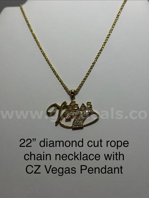 22 inch, Diamond Cut, Real 24k Gold Filled, Rope Chain Necklace, W/CZ Vegas Pendant