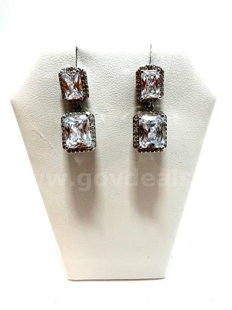 Beautiful, Rhodium Clad (Silver), CZ Double Solitaire Hanging Earrings