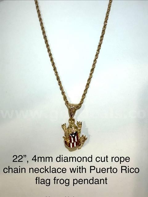 Unique, 4MM, 22", Diamond Cut Rope Chain, W/Puerto Rico Frog Flag Pendant, Real 24k Gold Plated