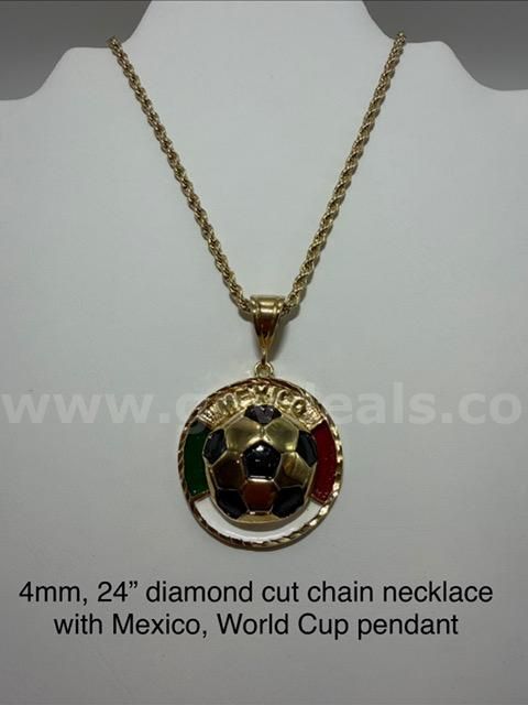 4MM, 24", Diamond Cut Rope Chain, W/Mexico World Cup Pendant, 24K Real Gold Filled