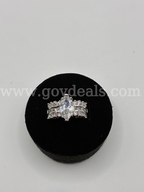 Size 4, Rhodium Clad (Silver),CZ, Marquise-cut Wedding Ring.