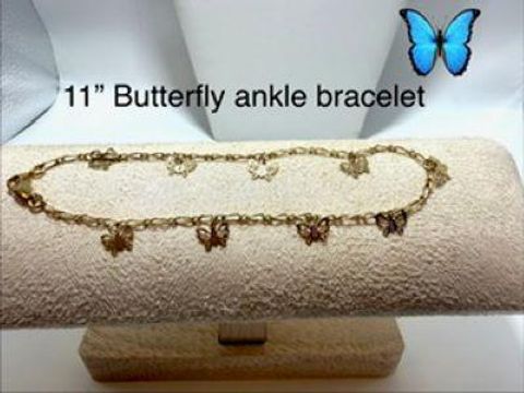 Gorgeous, Ladies, 11 Inch, Butterfly Ankle Bracelet, Real 24k Gold Filled
