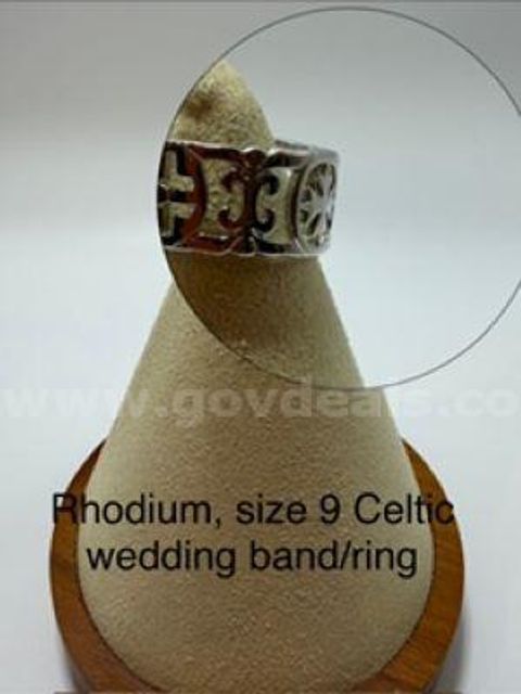 Beautiful, Rhodium Clad (Silver), Size 9, Celtic Style Wedding Band/Ring