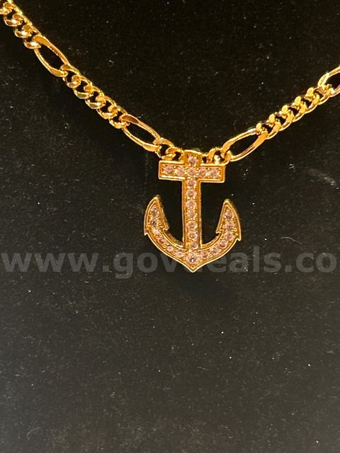 18”, Small Figaro Chain Necklace W/ CZ Anchor Pendant 24K Real Gold Plated