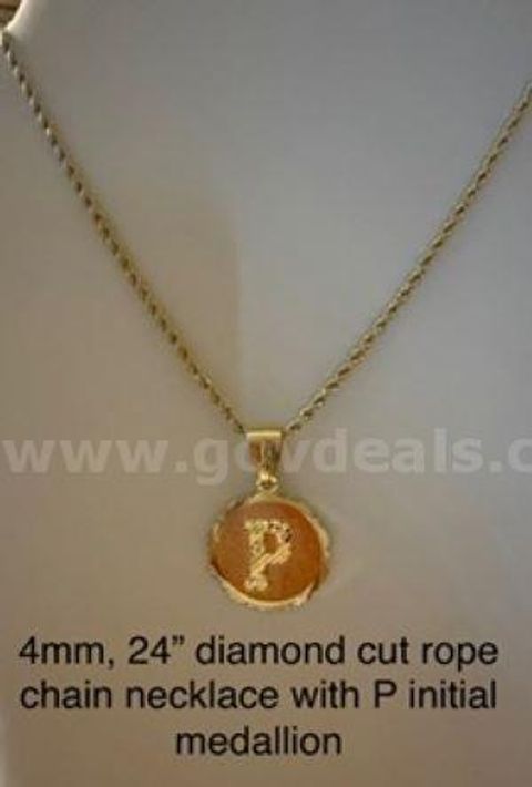 Gorgeous, 24", 4MM, Diamond Cut Rope Chain Necklace, W/"P" Initial Medallion Pendant, 24k Real Gold Filled