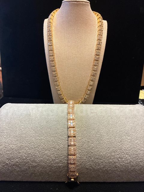 Set! 22 Inch and 8 Inch, Heavy, CZ Square Box Link Necklace and Bracelet, 6.1 oz, 24K Gold Filled