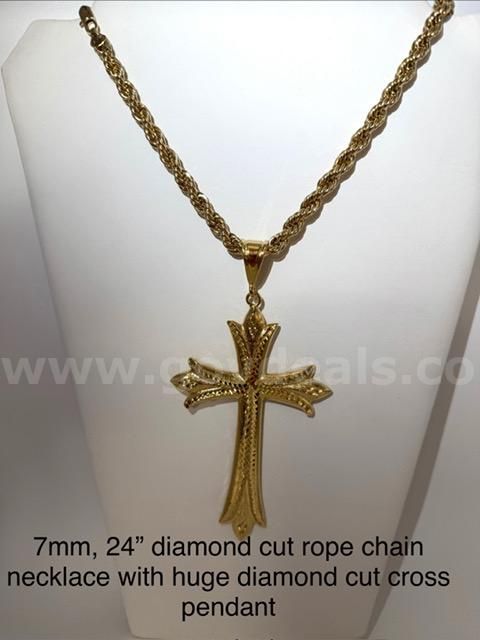 Large, 7MM, 24”, Diamond Cut Rope Chain, w/Cross Pendant, 24k Real Gold Filled