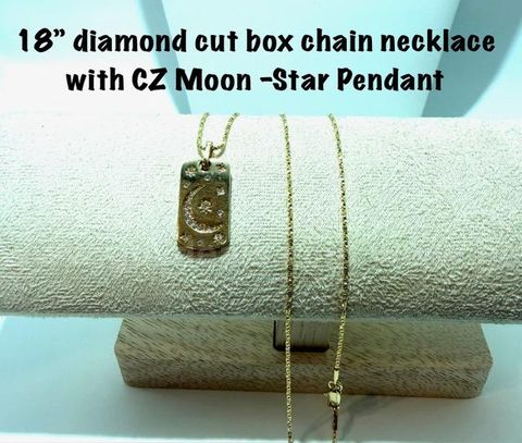 Beautiful, Ladies, 18 Inch, Real 24k Gold Filled, Diamond Cut Box Chain Necklace W/CZ Moon/Star Pendant