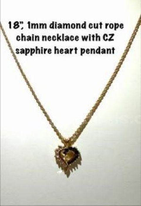 1MM, 18 inch, Real 24k Gold Filled, Diamond Cut Rope Chain, W/CZ Sapphire Heart Pendant