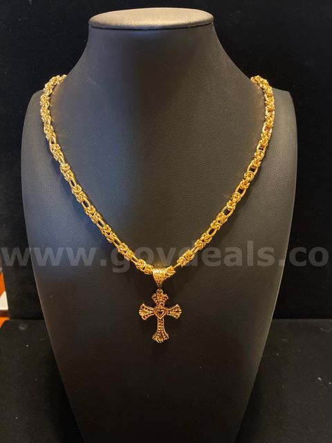 Gorgeous, 22”, Byzantine Chain with Filigree Heart Cross Pendant, 24K Real Gold Plated.