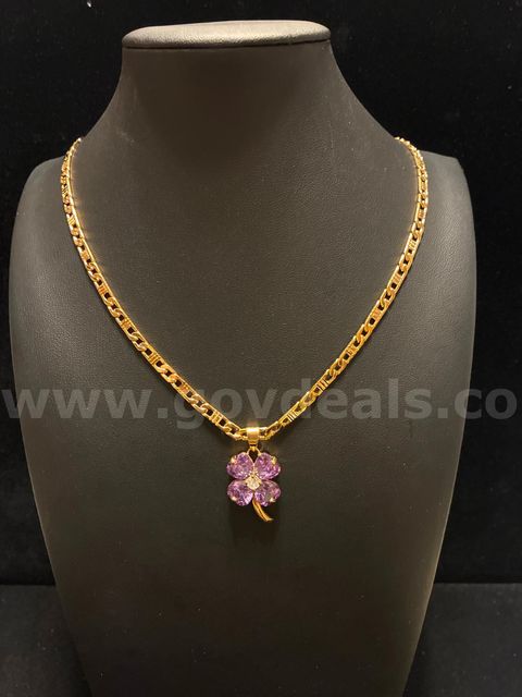 Elegant, 20” Roman Link Necklace W/February Birthstone CZ Four-Leaf Clover Pendant, 24K Real Gold Filled.