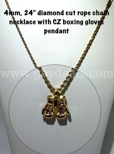 Beautiful, 4MM, 24 Inch, Diamond Cut, 24k Gold Filled Chain, W/CZ Boxing Gloves Pendant