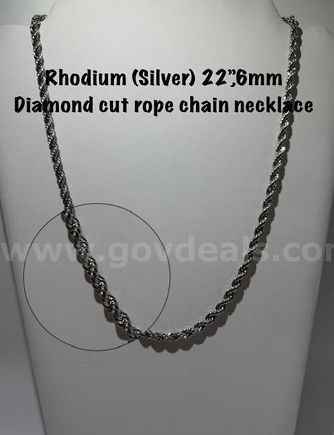 22 Inch, Rhodium Clad (Silver), 6MM, Diamond Cut Rope Chain Necklace