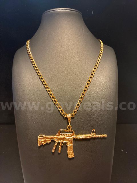 Gorgeous, 24k Gold Filled, 25” Small Curb Link Necklace W/ Rifle Pendant . USE BUY NOW FREE SHIP!!