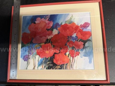 (2) Red Poppies in Bloom Watercolor / Jean M Johnson / Joan McKasson / Authentic