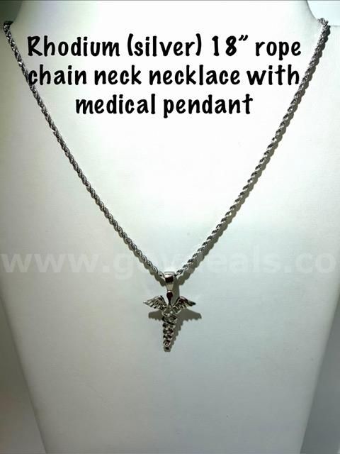 Radiant, Rhodium Filled 18 Inch, 2MM Diamond Cut Rope Chain Necklace W/Medical Pendant