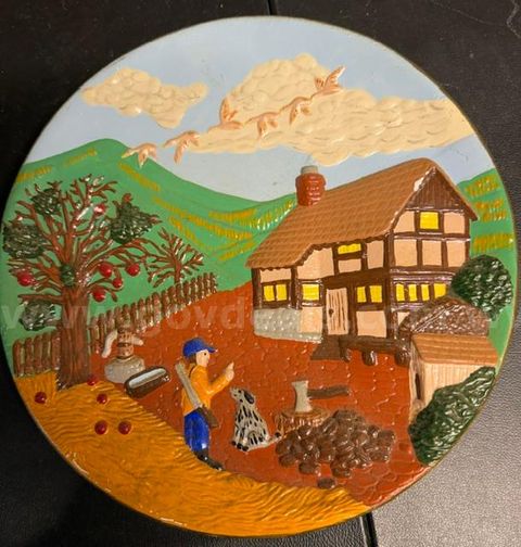 Vintage, 1970 Byron Molds 3D, 13" Ceramic Wall Plate, Harvest Autumn Farm
