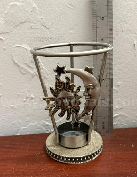 Vintage Celestial-Themed Metal Tea Light Holder, W/Jewel Accents