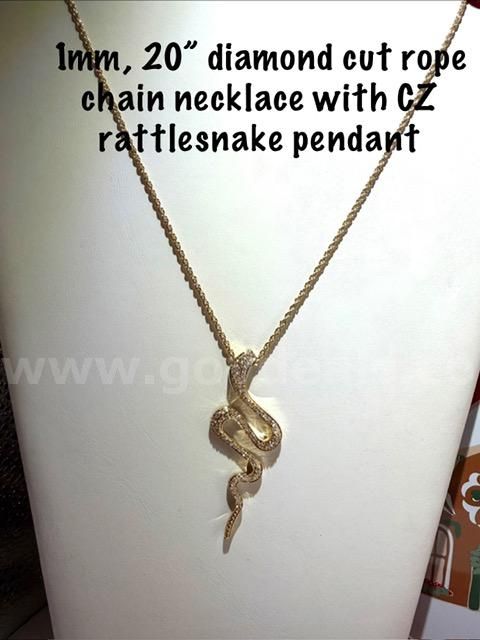 1MM, 20 Inch, 24k Gold Filled Diamond Cut Necklace, W/CZ Diamond Rattlesnake Pendant
