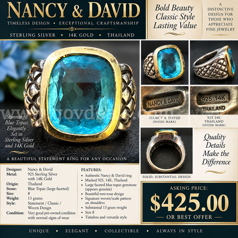 Nancy & David 925 Sterling Silver & 14k Gold Blue Topaz Statement Ring – Size 8 – 13 Grams