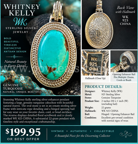WHITNEY KELLY WK 925 STERLING SILVER GENUINE TURQUOISE ENHANCER PENDANT – 22 GRAMS – 2" 25% off!
