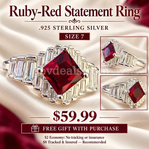 Stunning Ruby-Red Statement Ring — .925 Sterling Silver — Size 7🎁 Free Gift With Purchase!