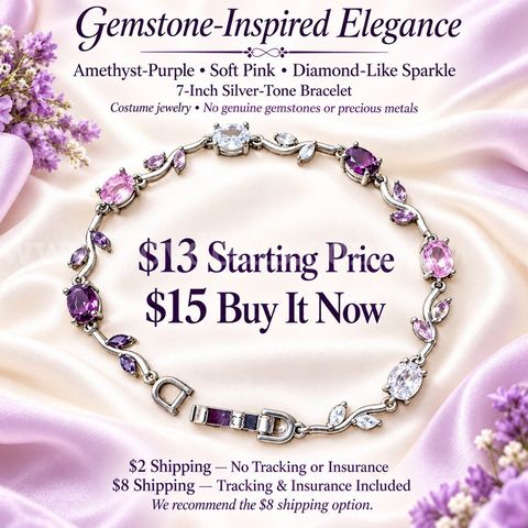 Amethyst-Purple & Pink Gemstone-Inspired Bracelet — 7 Inches Elegant silver-tone bracelet featuring sparkling accents i