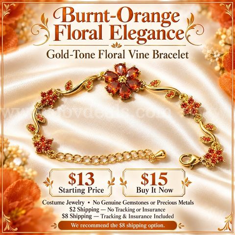 Burnt-Orange Floral Vine Bracelet-Gold Tone!
