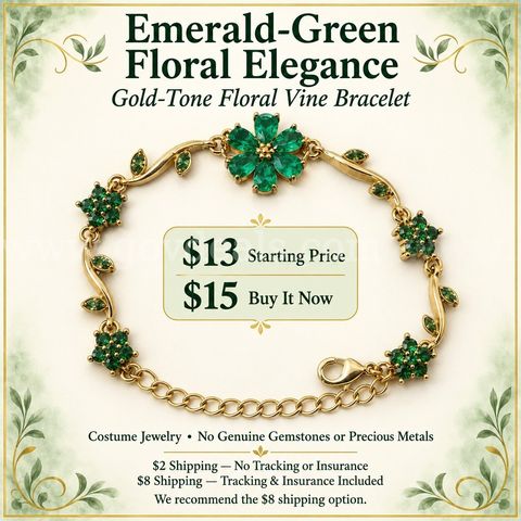 Emerald-Green Floral Vine Bracelet — Gold Tone-7 in. $2 Ship Option!