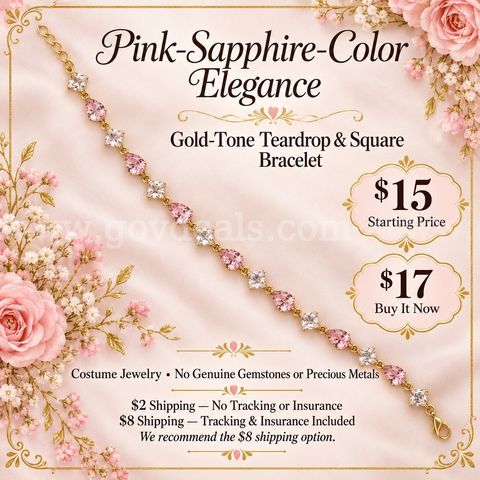 Pink-Sapphire-Color Teardrop & Sparkle Square Bracelet — Gold Tone