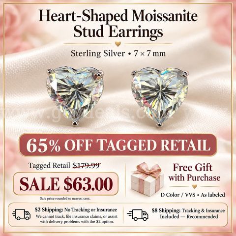 Stunning Heart-Shaped Sterling Silver Moissanite Stud Earrings — 65% Off Tagged Retail