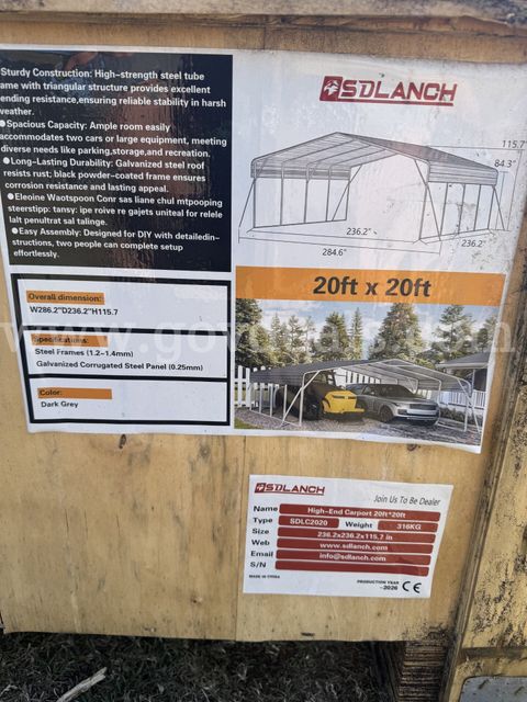 NEW 2026 SDLANCH SDLC2020 20' x 20' Steel Carport – In Crate