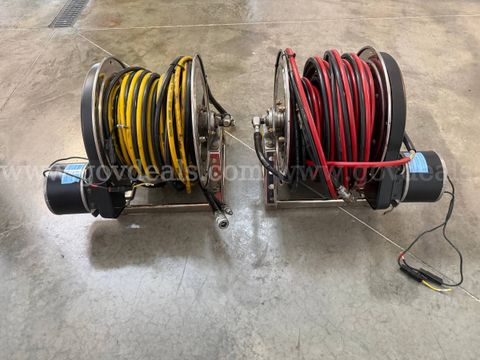 Lot of 2 Hannay 12V Electric Hydraulic Hose Reels with Hose – Fire/Rescue Equipment