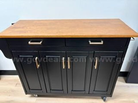 Lot of Black Kitchen Cart with Oak Top & Wood Bookcase/Cart