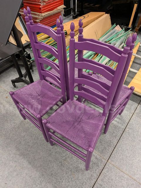 4 purple wooden chairs