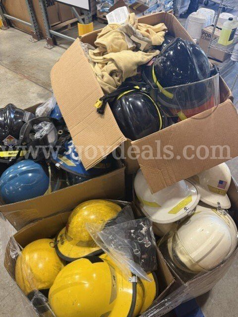 Lot of 76 Assorted Firefighter Helmets with Hoods, Goggles & Helmet Hardware