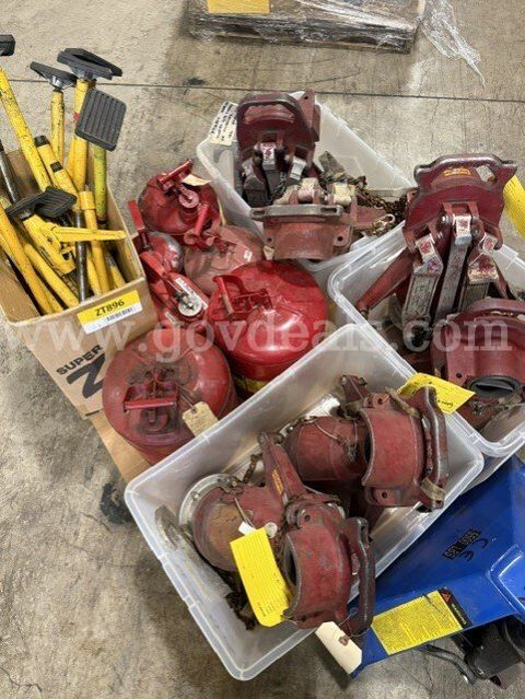 Lot of Fire Department Equipment – 6 Portable Deck Gun Bases, Gas Cans & Smoke Ejector Hangers