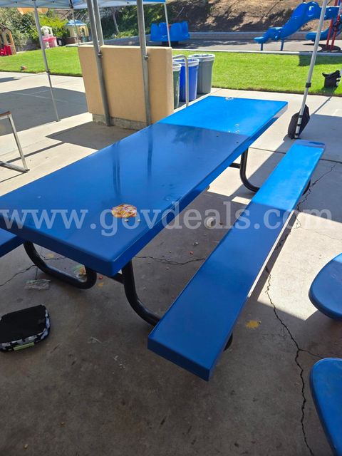 3 Blue Rectangle Picnic Tables, 2 Round Picnic Tables - sold as a Lot