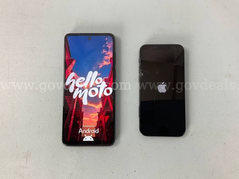 2 - Cell Phones (User Locked): 1 - Apple and 1 - Motorola, Both Power On