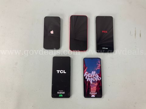 5 - Cell Phones (User Locked): 2 - Apple, 2 - TCL, and 1 - Motorola, All Power On