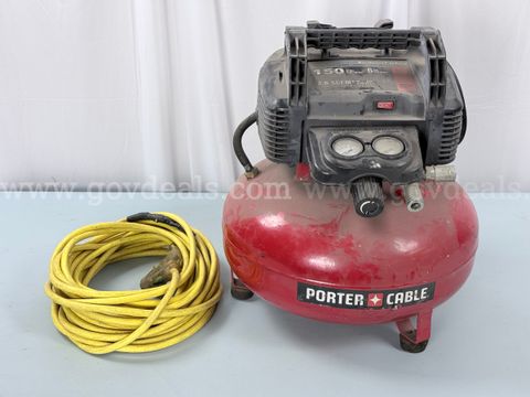 Porter-Cable 6-Gallon Portable Electric Pancake Air Compressor with Extension Cord (Damaged), Model: N310415 (Powers On)