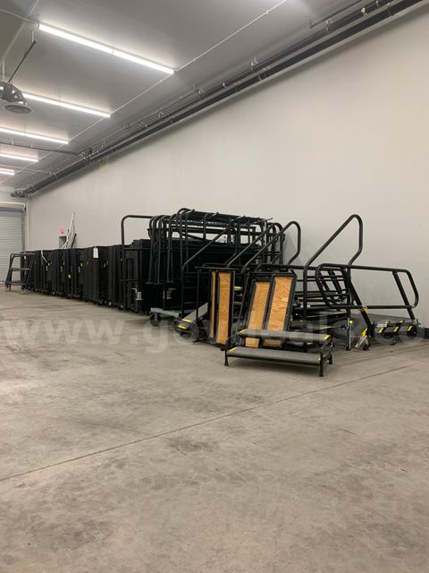 LOT: SICO Mobile Folding Stage Decks with Articulating Stair Unit, Safety Guardrails, and Transport Cart