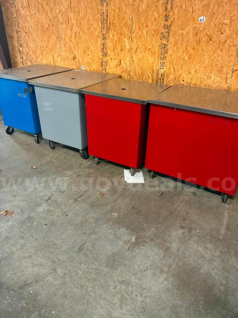 4 Rolling metal cabinets, stainless steal top, perfect for mounting tools