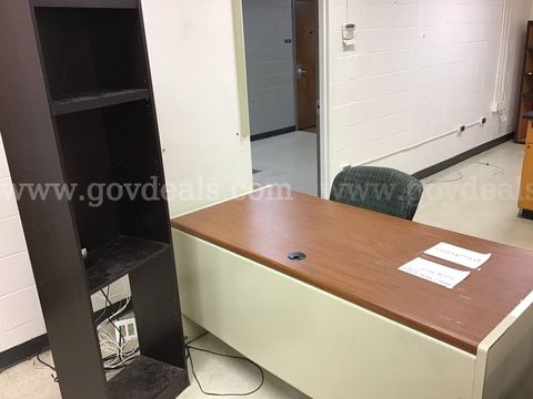 1 metal desk with shelf and chair