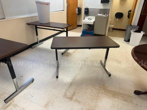Adjustable Height Office or Classroom Table – Dark Wood-Grain Top
