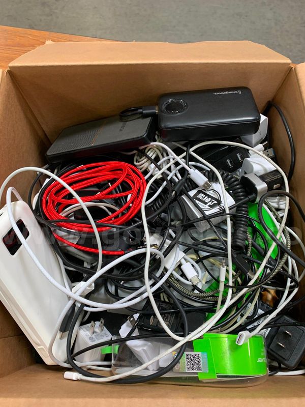 Box of Miscellaneous Cables and Power Banks