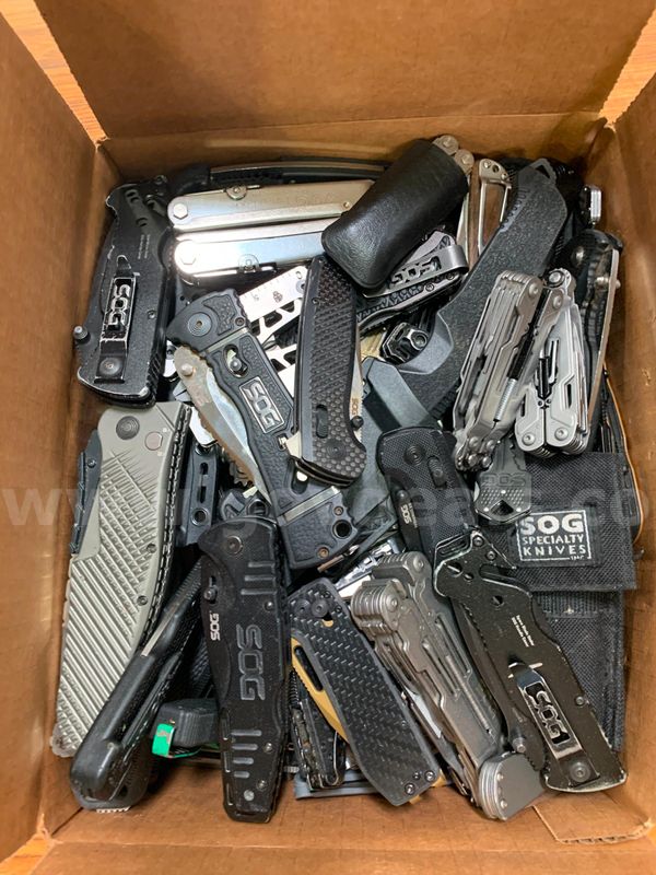 Box of Folding Knives and Multi-Tools